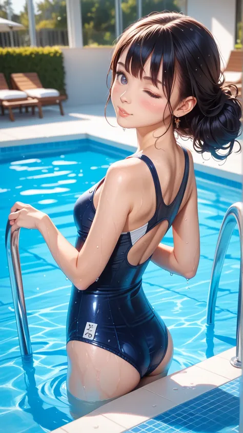 school swimsuit　 girl　 back view　Wet　swimsuit is transparent　 wink　black hair　 pool　 clear　blush　 look back　is looking at me