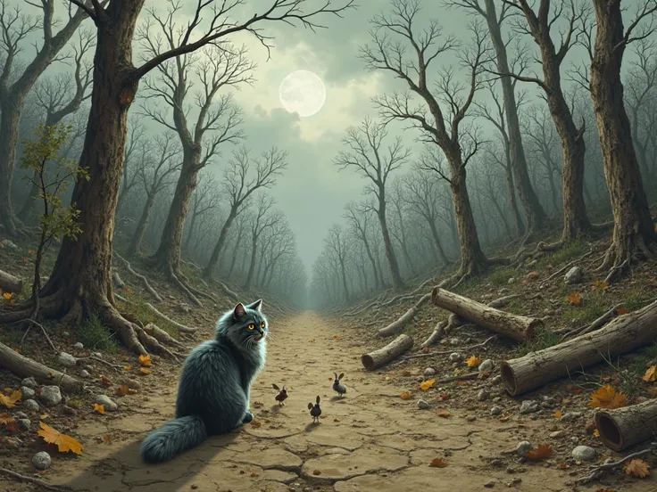 A devastated forest with fallen trees and dry, cracked soil. The once-green landscape is now barren, covered in dust and dead leaves. The sky is overcast with dark clouds, creating a gloomy and sorrowful atmosphere. Small animals like birds and rabbits app...