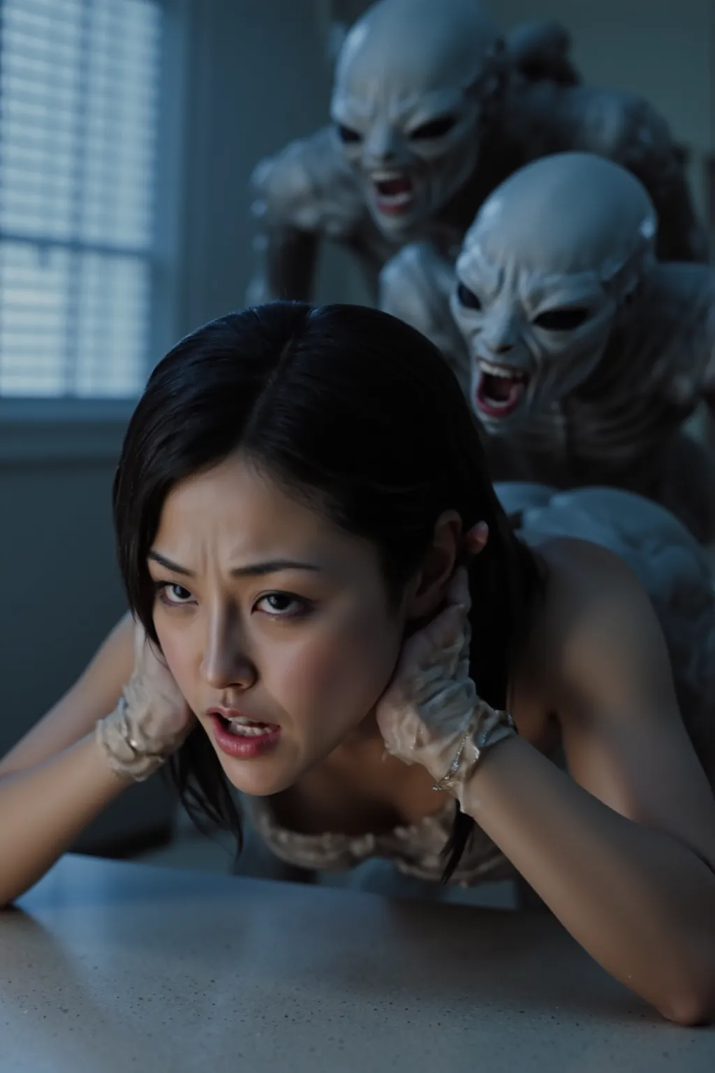 Kinoshita Ayumi is leaning forward with her hands on the table,having sex with aliens in dog-like style,She's crying and in pain,aliens are pushing hard,realistic,high quality,4K,HDR,UHD,Extreme detail,Clear Focus,Professional,Vivid Colors,Bokeh,fantasy, h...