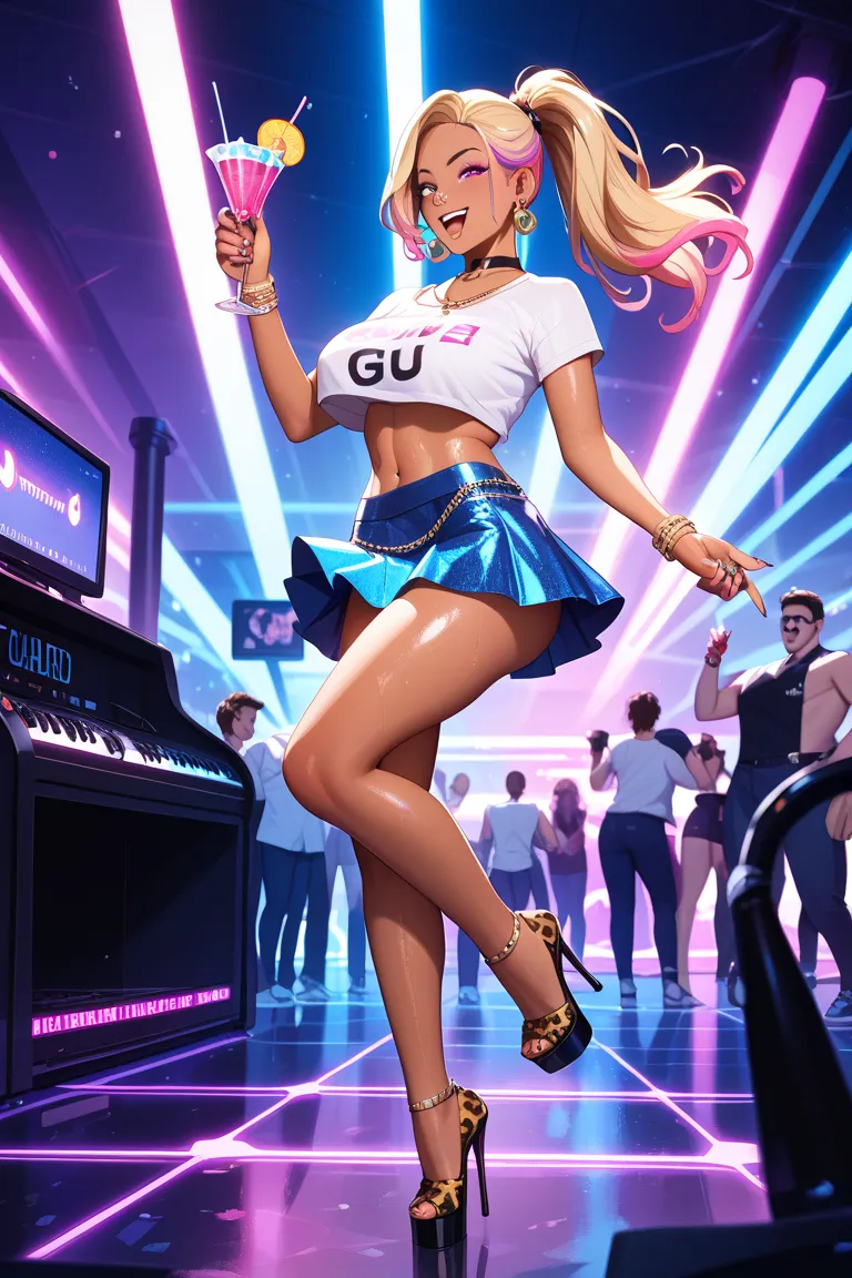 A vibrant black gyaru girl with tanned skin, glistening with sweat, long voluminous blonde hair with pink highlights, wearing a flashy leopard print crop top and a tight mini skirt, adorned with bold gold jewelry and glittery nails, dancing energetically i...