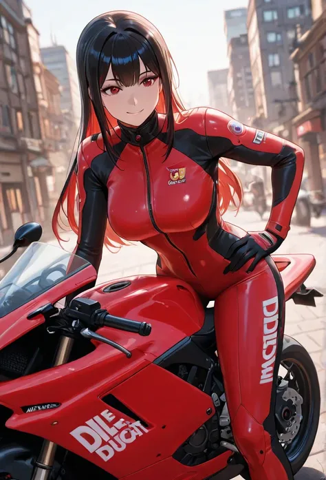 Woman with long black hair, bright red bike, DUCATI, Panigale, deep black, Pitapita bike suit, big breasts, smile