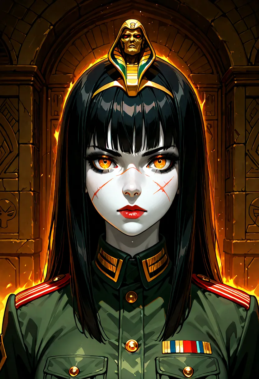 portrait, girl, muscular body, military uniform, cultist, scars, egyptian, pale skin, black hair, amber eyes, tomb, cyborg