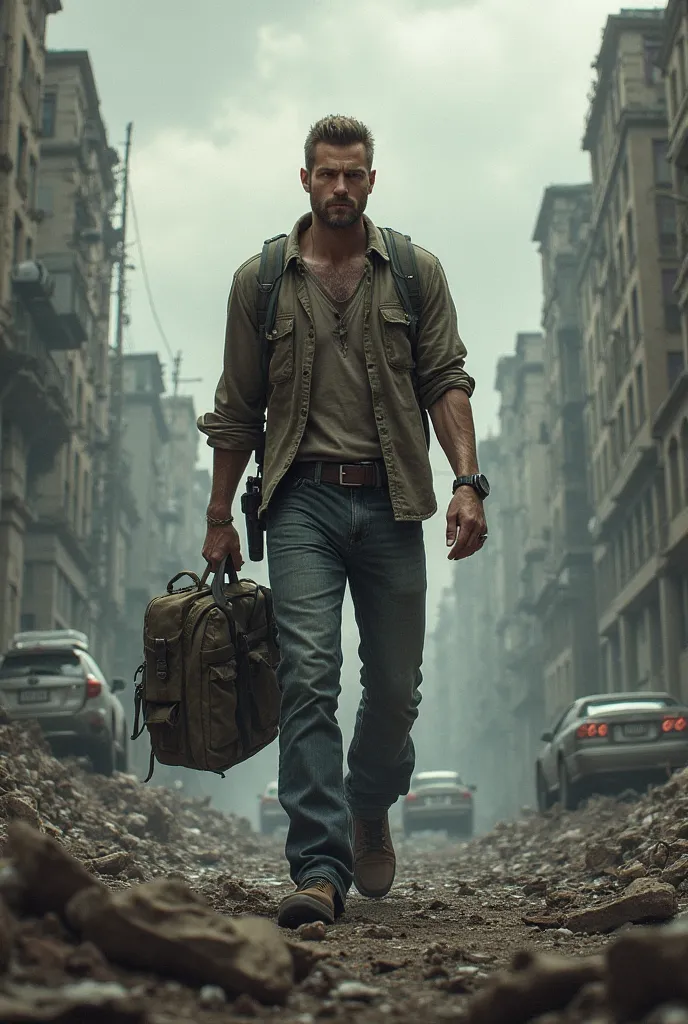 A tall man with short hair, dressed in jeans , holds a backpack in one hand, and wearing a gun in the other against the background of the zombie apocalypse