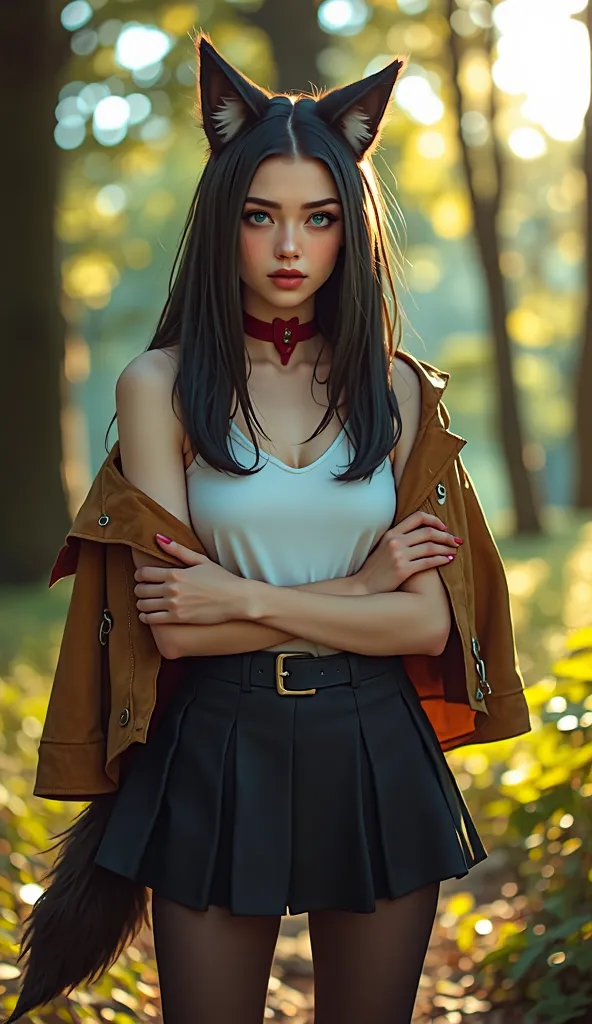 A realistic petite wolfkin young woman with shoulder-length straight dark hair, flowing freely, and bright blue eyes featuring vertical, cat-like pupils.  
She possesses, fluffy wolf ears and a long, wolf tail. Her skin is pale. She wearing fantasy leather...