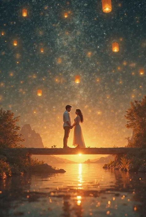 "A dreamy and surreal scene where the couple is standing on a floating bridge made of golden light, symbolizing their unbreakable connection. The stars shine brightly around them, and glowing wishes in the form of floating paper lanterns surround them. The...