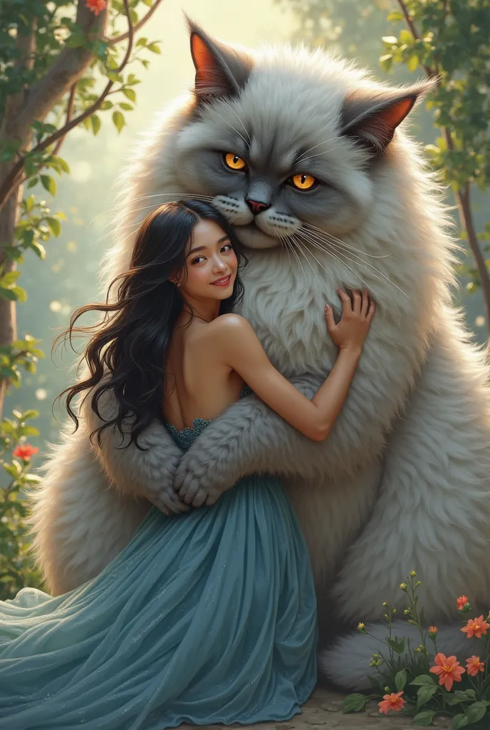  A 30-year-old girl with long black hair in a beautiful blue dress hugs a huge Persian Himalayan cat. A girl much smaller than a cat