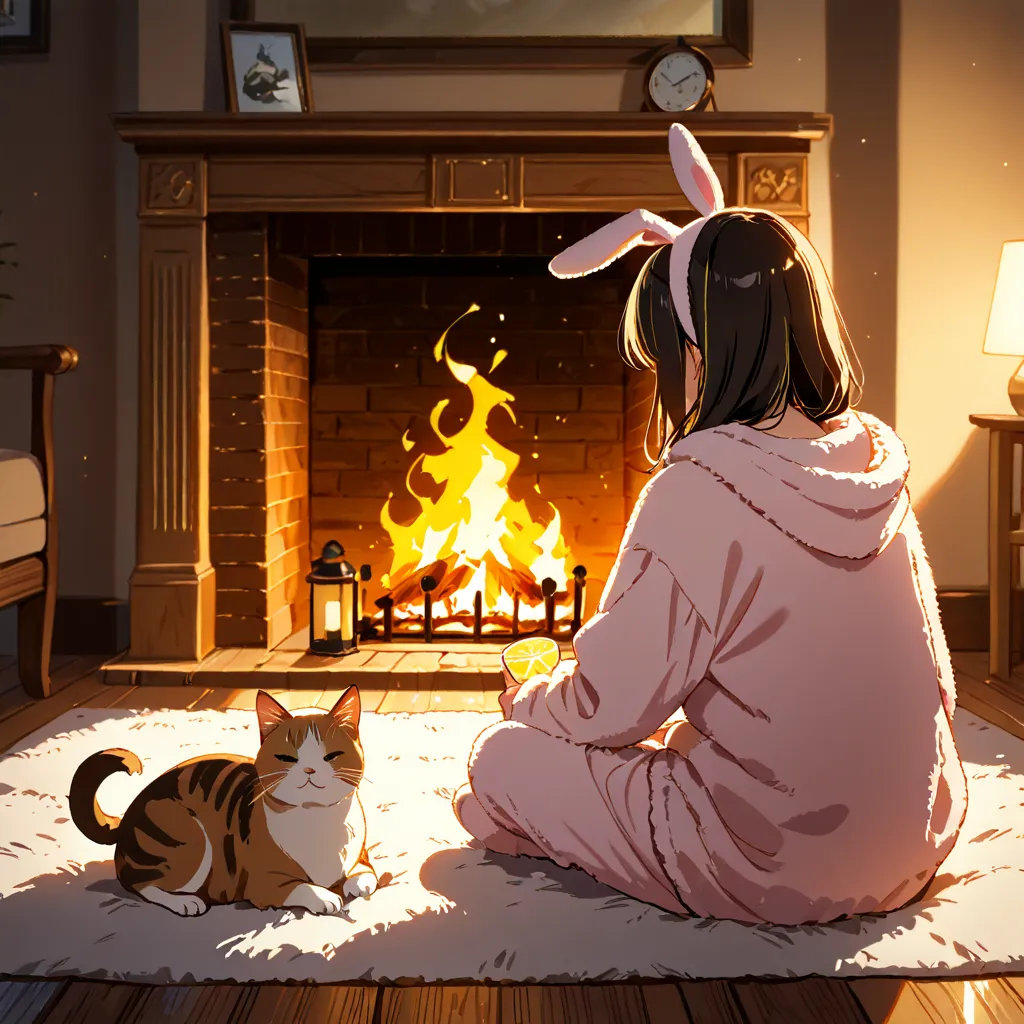 In a room with a fireplace、Sitting with a smile wearing fluffy pajamas。Wear a rabbit hair band on your head、I have lemon sour in a glass in my hand。A cat and a dog are sitting on the floor。