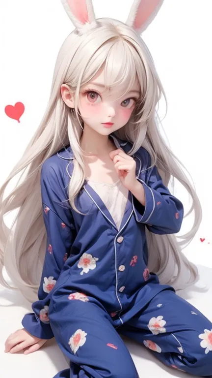 fluffy rabbit costume pajamas, flat chest, slender body,  blanking、 blushes、Thick Eyes ,  white hair, long hair,  hair above eyes, Halterbra, stupid hair,  medium hair,  wariza, Dynamic Poses,  1 person（ legs extended）, foot to your chest