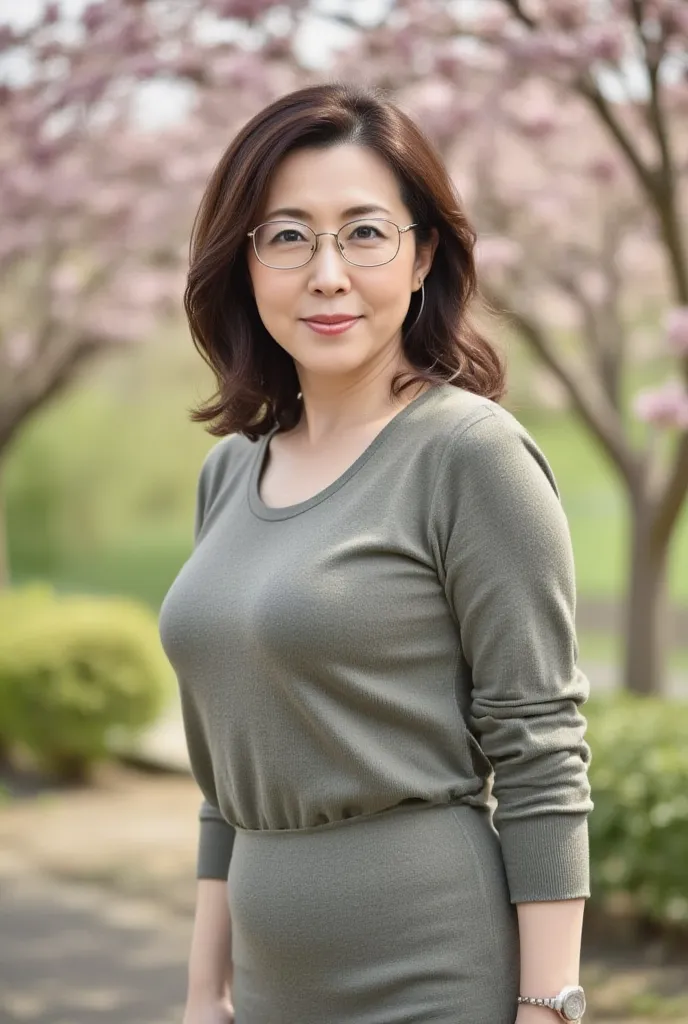 Tohoku aunt at the plum garden in early spring，Plum blossoms in full bloom，sparse green， Organic Photography 、 （telephoto lens：1.7），best quality 、  masterpiece 、 super high resolution 、46 years old、elegant face、 is wearing glasses，Wear bottoms，with clothes...