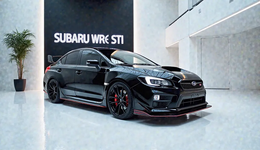 A captivating image of a (Subaru WRX STI ) taking center stage in a luxurious white showroom. The futuristic, vibrant (black) exterior gleams, showcasing its sleek, aerodynamic design and bold accents. The words ((Subaru WRX STI )are prominently displayed ...