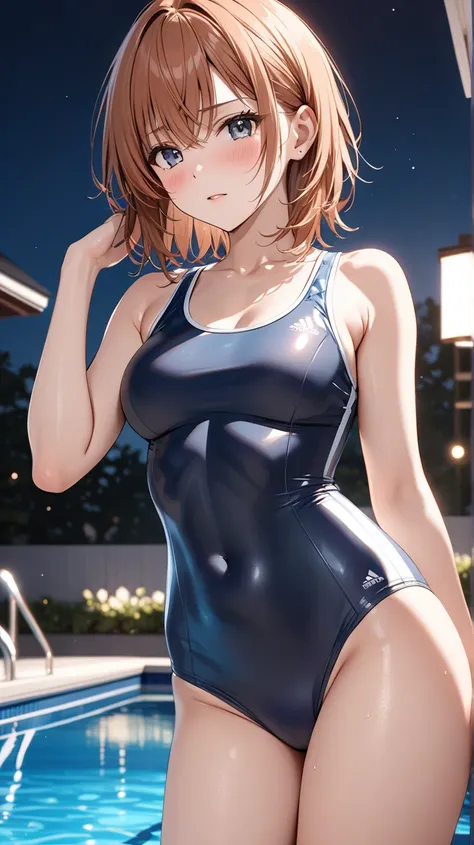  Poolside Glow, Poolside Glow,  school swimsuit, Beauty, Blush 1.5, Shame:1.5,  tight abs, ( misaka mikoto), masterpiece:1.5, masterpiece, highest quality, UHD, retina, masterpiece, accurate anatomy, super detailed, high quality, best quality, 8k