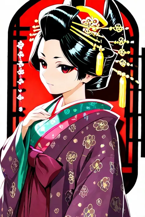 white background, side view, depth composite, masterpiece, top quality, one Oiran, solo, black hair,