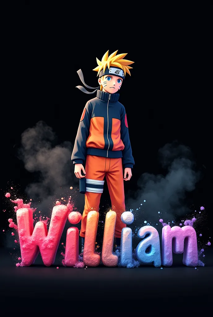  create an image with Naruto from the Naruto cartoon in the foreground the name "William"   in 3d letters  ,  The letters are in the colors of the anime universe  ,   the character seems to come out of the letters  , Colored smoke surrounds the letters   ,...