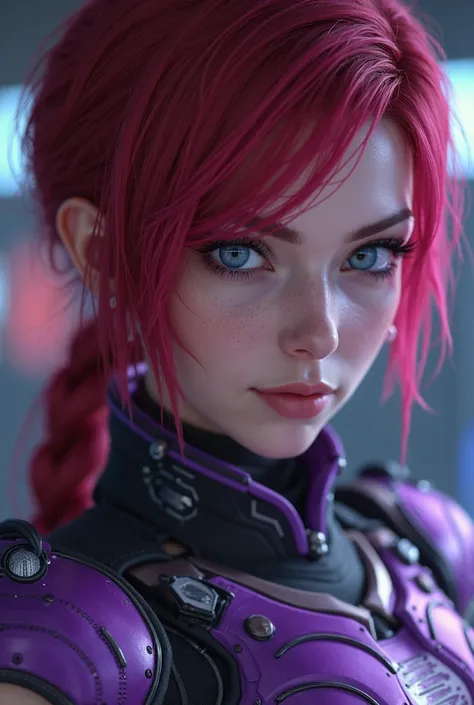 A close up of a woman with red hair and a purple outfit, womanizer, mass effect style, Futuristic starship crew member inspired by  ,  dark purple hair and cybernetics ,  fantasy mass effect , inspired by Eve Ryder,  wearing Mass Effect armor , Commander S...