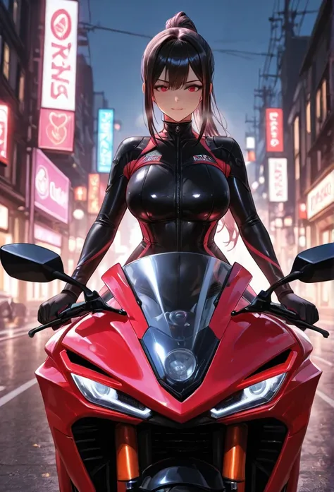 I'm riding a red DUCATI motorbike with long black hair　Panigale, a black, pitapita bike suit, big breasts, smiling