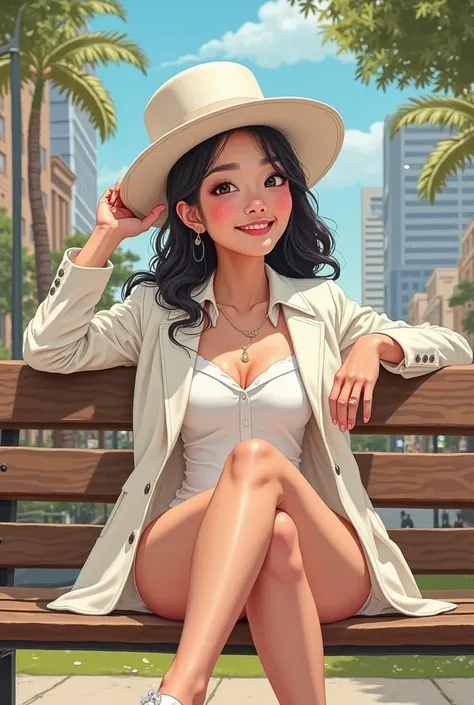 Tip: A very lovely Asian American being happy alone on a park bench in Downtown San Diego in the sun… The illustration is a high definition illustration with 4k resolution., with highly detailed facial features and cartoon style visuals, white leotard, whi...