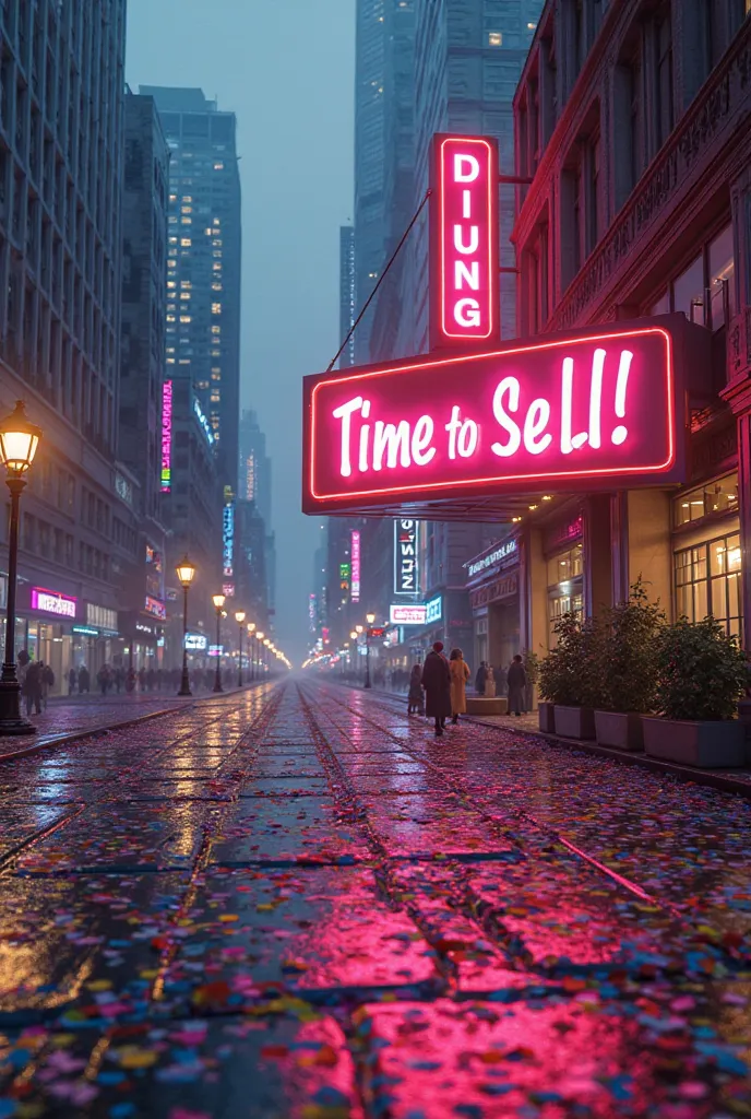 An empty city after a big carnival, with confetti scattered on the floor and a neon sign written 'Time to sell!'. New start atmosphere, with vibrant tones , but focus on business."