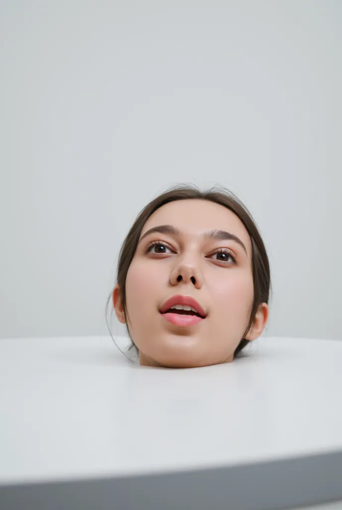 A woman disembodied head on a white table. Her eyes are wide opened, her mouth is wide opened, her tongue is sticking out of her mouth a little