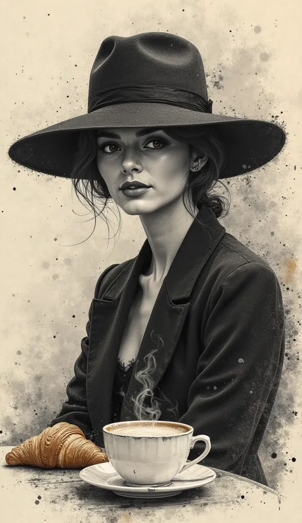 Charcoal drawing, pencil drawing, graphite drawing, toned paper, masterpiece, two-tone, ink splashes, girl in wide-brimmed elegant hat, grace, Paris, cup of hot coffee, croissant, Japanese ink, splash, intricate details, volumetric lighting, cinematic, det...