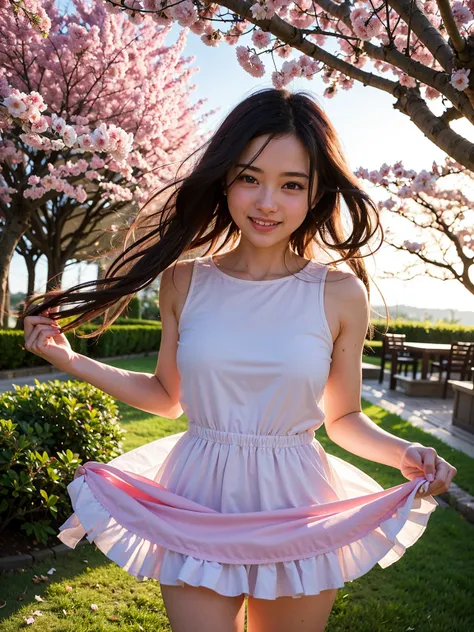  top quality, one beautiful woman, beauty, pixie cut, her sleek, wind-swept hair bouncing lightly as she leaps into the air, surrounded by an endless flurry of delicate cherry blossom petals. Her bright, joyful smile radiates pure happiness, and her expres...