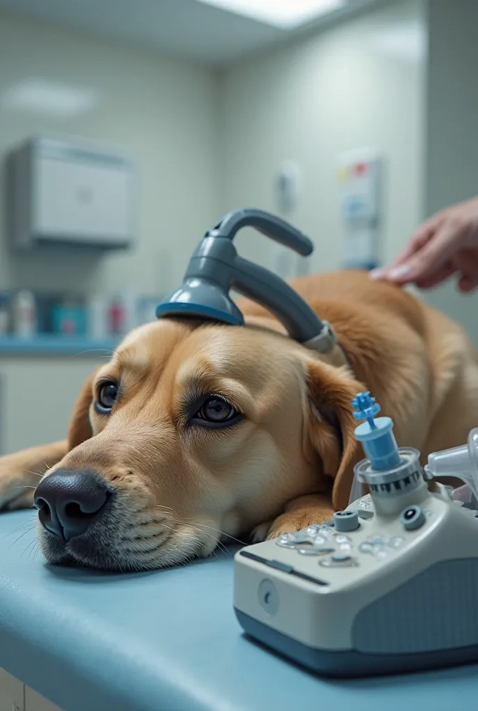 Take a picture of an inhalation anaesthesia machine and having it placed on a dog