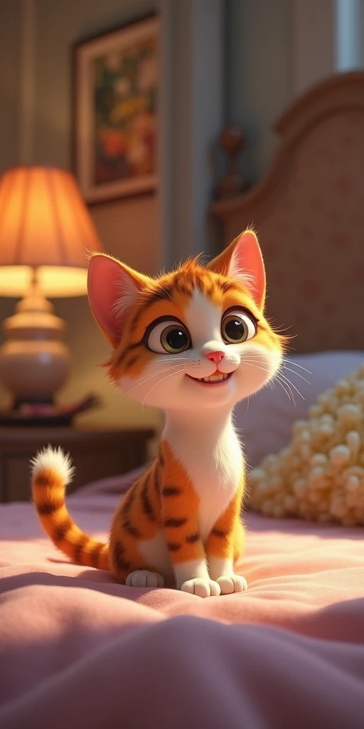 Create an animated Pixar-style video in which the cat Zuzu performs the bedtime and bedtime movements