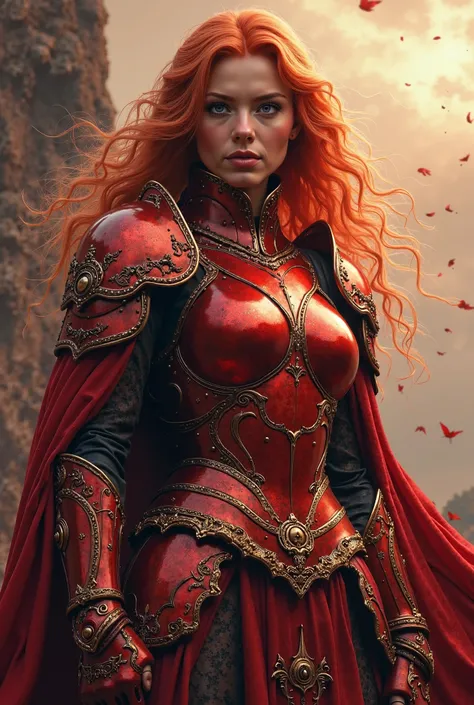 beautiful woman in red steel armor, realistic, dramatic, glorious