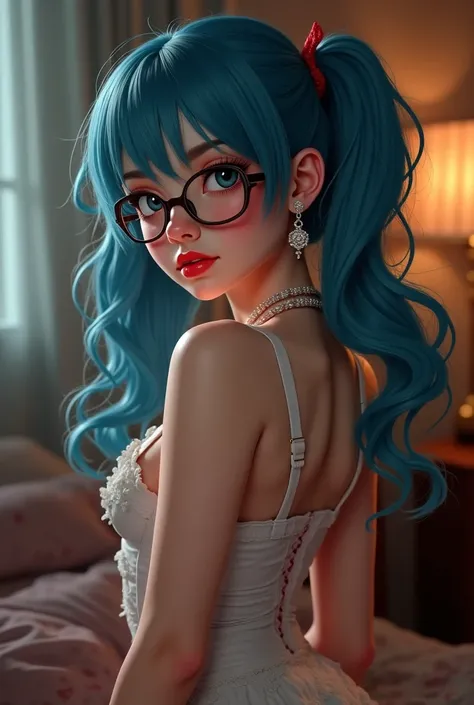  Realistic Girl,  erotic style , long wavy blue hair with two pigtails,  with glasses and earrings, big buttocks and breasts , using baby doll