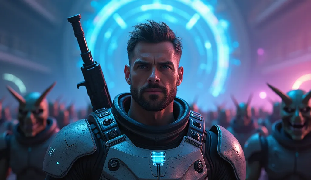 "A highly detailed, ultra-realistic DSLR-quality sci-fi scene in deep space. A confident human warrior stands at the edge of a glowing, swirling space anomaly (The Dead Zone), his face crystal clear, perfectly lit with sharp details, showing a strong, dete...