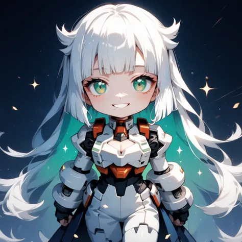 Chibi style, score_9, score_8_up, score_7_up, score_6_up, single focus, 1girl, expressive foxy eyes, happy smile, (motion lines=1.2), cute face, [1woman, long pale white hair, green eyes, straight hime cut hair, purple mobile suit, gundam suit mecha style ...