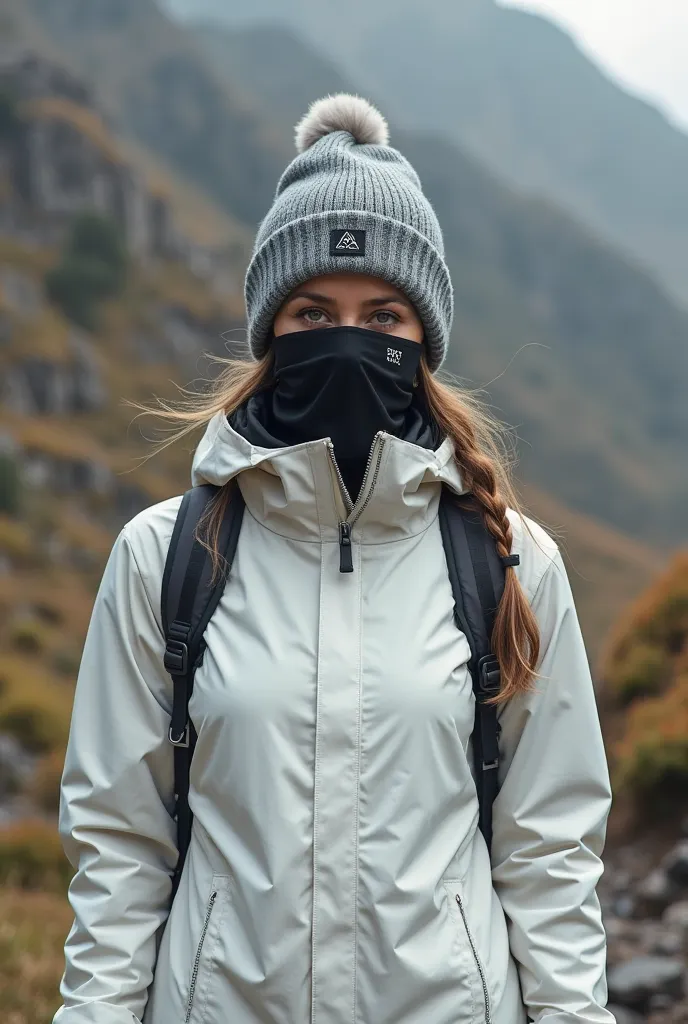 Girl wearing white trekking windbreaker hat gray arcteryx wool hat wearing black cloth face mask