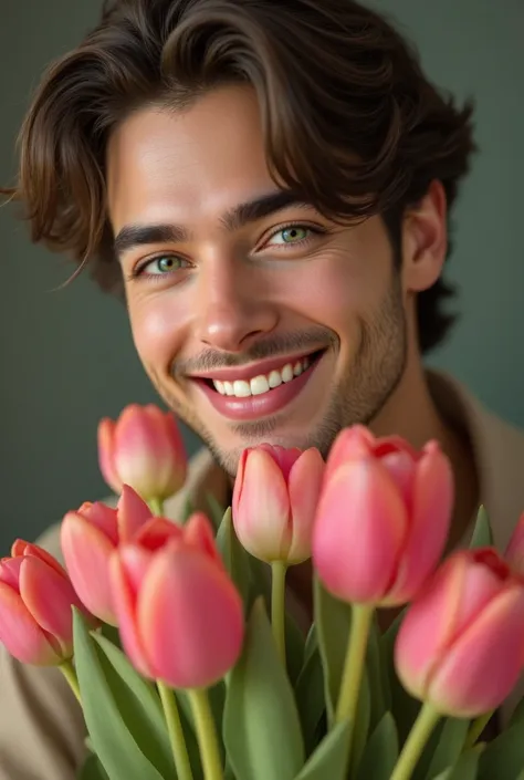 pinkfluxproultrafantasia, ((masterpiece, best quality)), a beautiful portrait of a a close up of a pretty very handsome man smiling with a bouquet of tulips, beautiful shape of face and body, beautiful delicate face, pixiv illustration, masterpiece, best q...