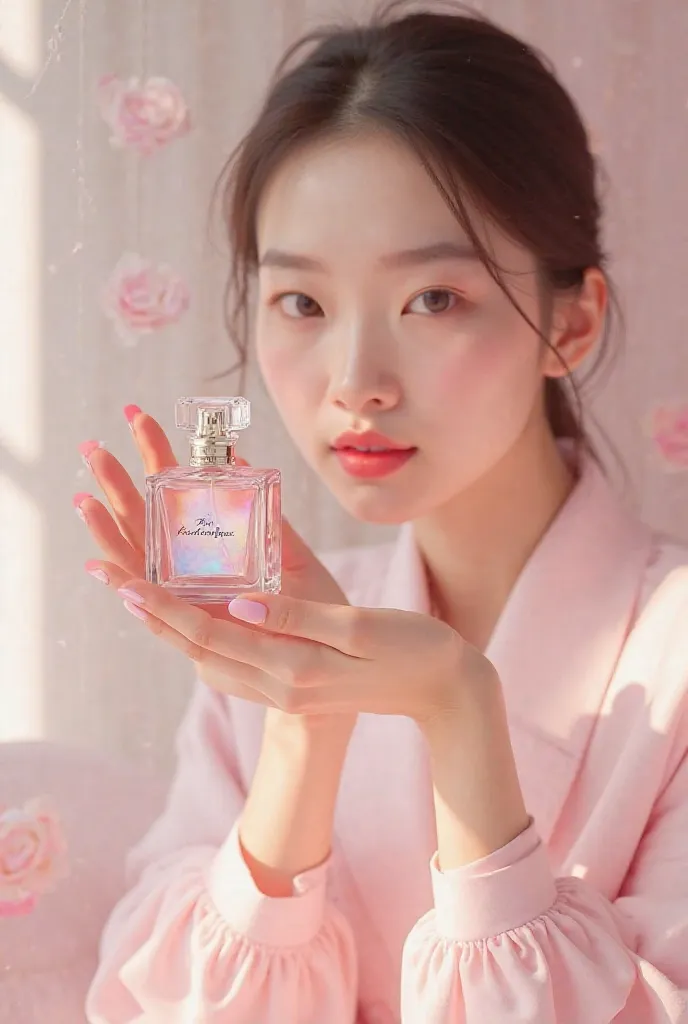 Create an image for Rosée d’ Ongles, nail care brand, Korean model holding hand perfume bottle with light pink holographic packaging 