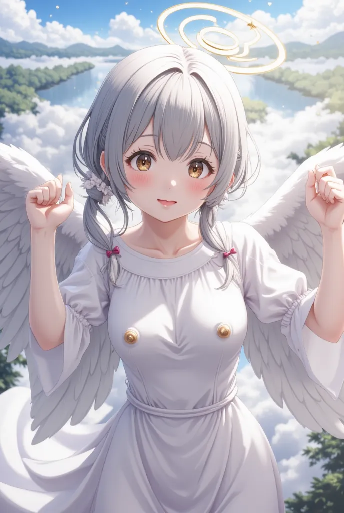 High quality photo taken with Canon DSLR camera.  Thai girl, beautiful like a weightless angel. 1 girl, angel, silver hair, pigtails, light brown eyes, smile, halo, angel wings, white peplos dress, dynamic angle, volume light. Art by ry012.