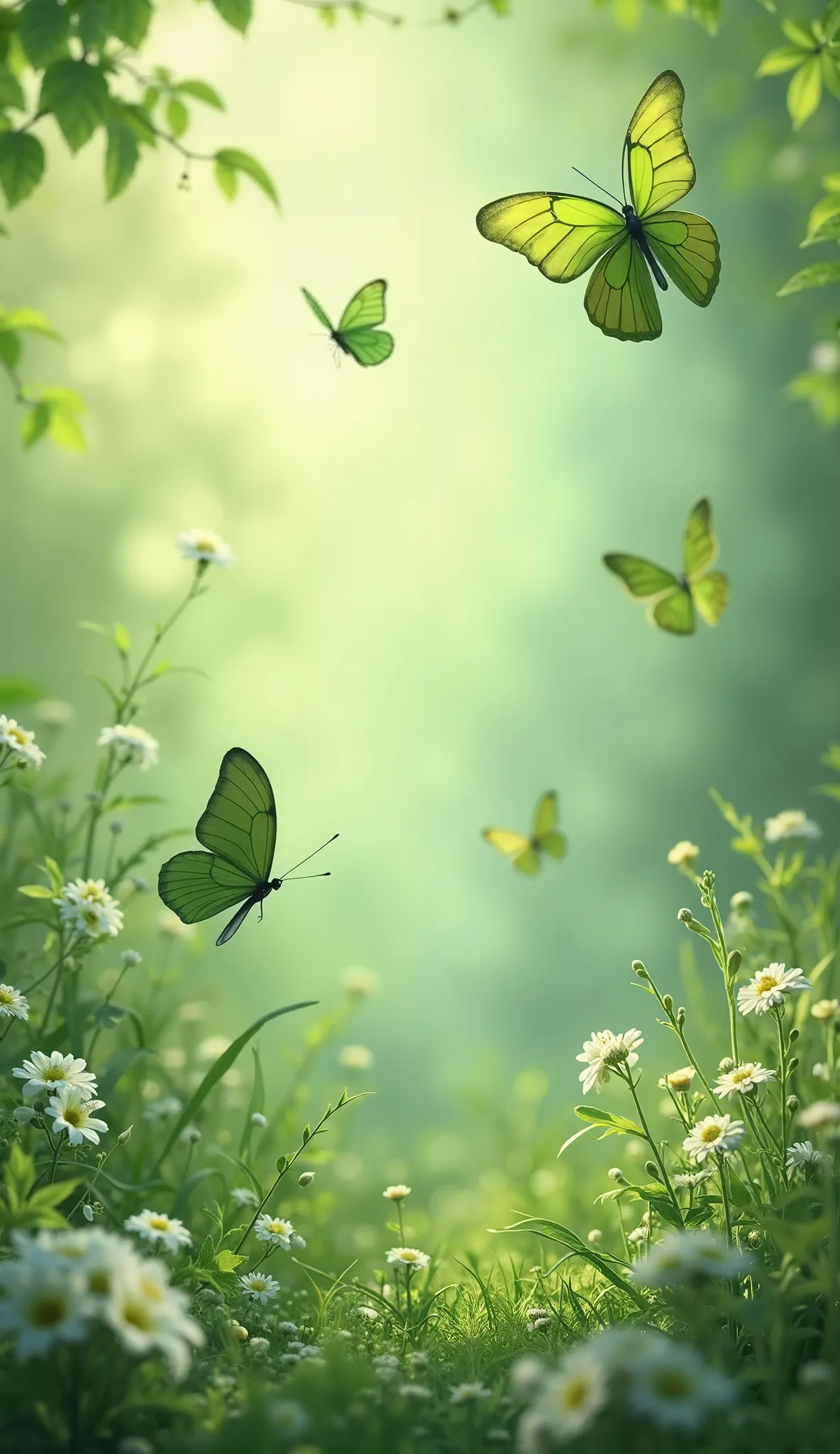 enchanted garden background, green and light green butterflies of different sizes and colors flying, a variety of green flowers and green colors,  predominantly green . happy,  inviting , Delicate, 3D image, butterflies flying , Landscape orientation