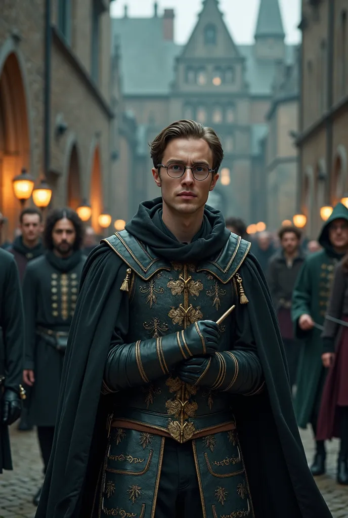 View from front, he look at camera, harry potter (((()))), walking (((()))) wearing ((((medieval knight king suit inspired by harry potter lore and round glasses)))), In the Hogwarts courtyard (((()))), Several wizards and witches follow him, photography, ...