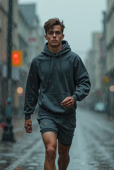 Rainy day, Twenty year old tall boy,  blue eyes, brown hair, with shorts running hoodie