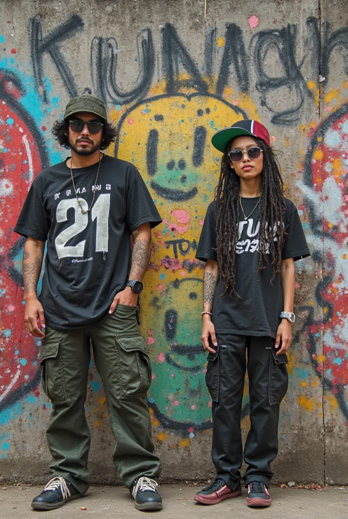 Graffiti wall that says KUNINGAN 21 STREET and a young Indonesian man age 35 years old army trousers sunglasses softball hat semi long hair hand tattooed t-shirt standard body standing defiantly alongside a  girl aged  long hair rapper style dreadlocks wit...