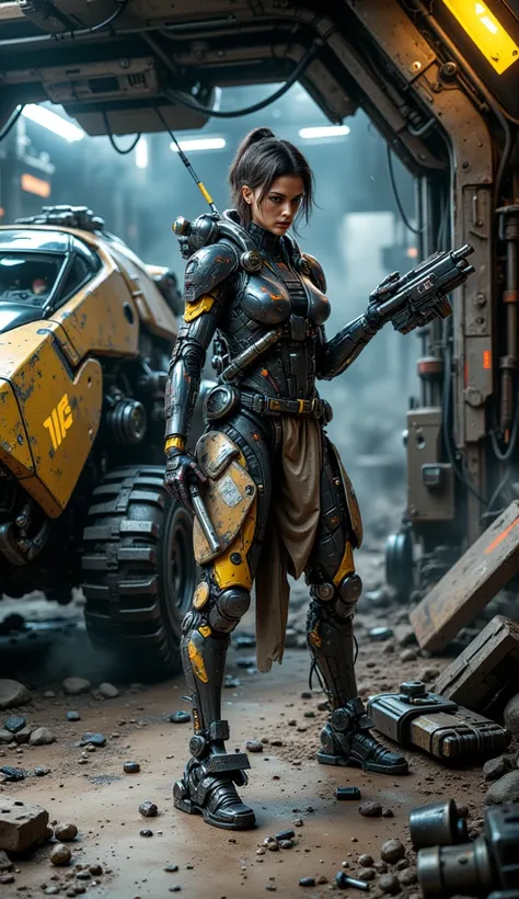 A slender and beautiful Ukrainian female space worker wearing a cyberpunk high-tech cast, carrying tools, maintaining a clunky spaceship that has been used as a living space on a planet with a thin atmosphere and a desolate atmosphere. A maintenance pose, ...