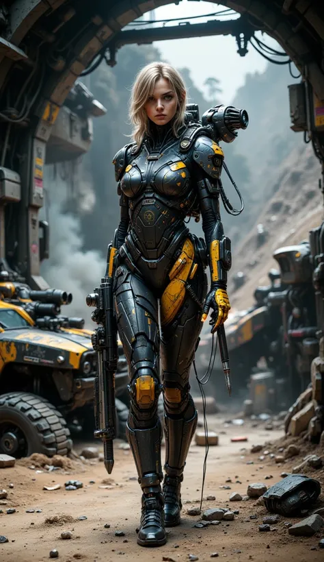 A slender and beautiful Ukrainian female space worker wearing a cyberpunk high-tech cast, carrying tools, maintaining a clunky spaceship that has been used as a living space on a planet with a thin atmosphere and a desolate atmosphere. A maintenance pose, ...