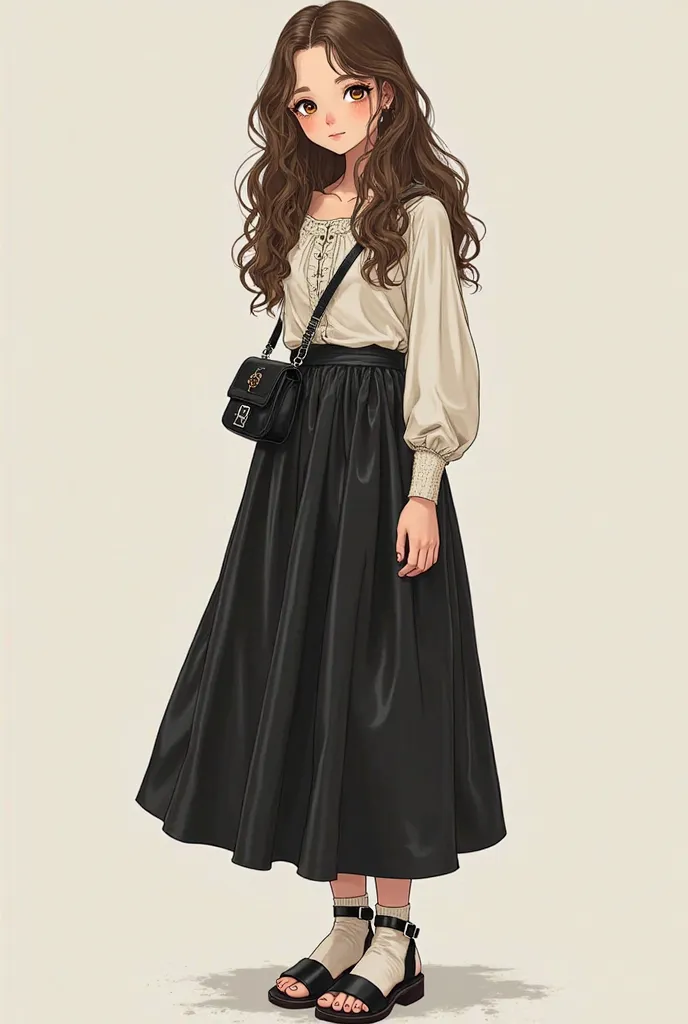 Long leather black Kilos Skirt. Stylish sandals with short heels and ankle socks inside. Stylish blouse on top. Silver charms tiny bag. Brown long wavy hair, white skin, yellow almond eye. Orta boy orta kilo. A young girl aged 19 - 20. 