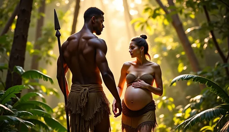 A tall, muscular black man with deep brown skin, a chiseled jawline, and broad shoulders walks confidently through the lush green jungle. His toned, powerful physique glistens slightly under the warm sunlight, and he wears only a traditional tribal cloth w...