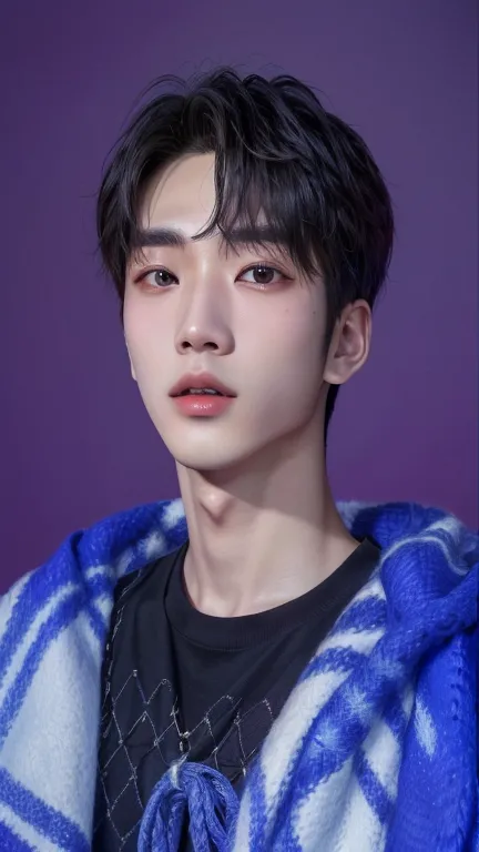 a close up of a man with a blue blanket on his shoulders, cai xukun, jinyoung shin, hyung tae, yanjun chengt, hong june hyung, heise jinyao, hyung tae kim, kim doyoung, south korean male, hsiao-ron, taejune kim, shin jeongho, ten lee, jung jaehyun