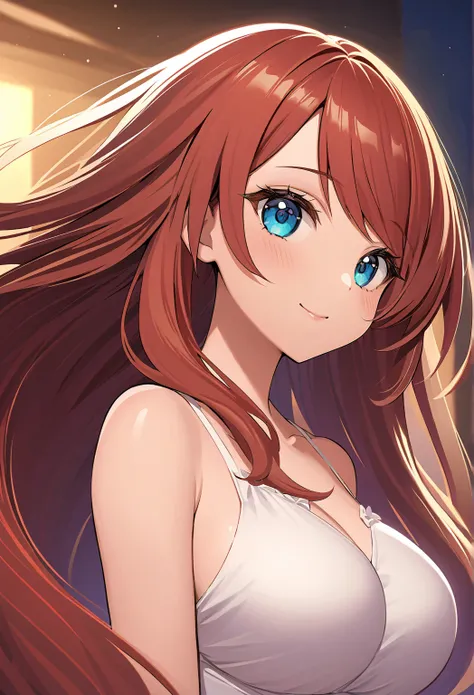 "A beautiful anime-style illustration of a young girl with long, flowing hair and a large bust. She has large, expressive eyes and a gentle smile, looking directly at the viewer. Her figure is curvy and well-proportioned. The background is soft and blurred...