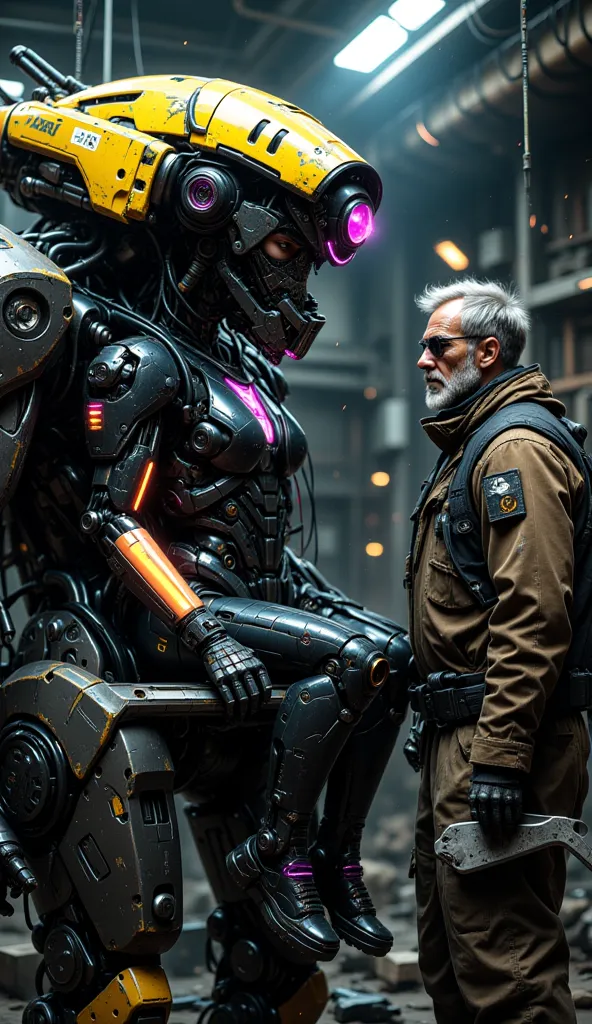 In a dimly lit, industrial cyberpunk robot factory, a beautifully detailed scene unfolds where a slender, 17-year-old girl, dressed in a sleek cyberpunk work suit with glowing sections, is seated inside the cockpit of a half-constructed, towering robot. Th...