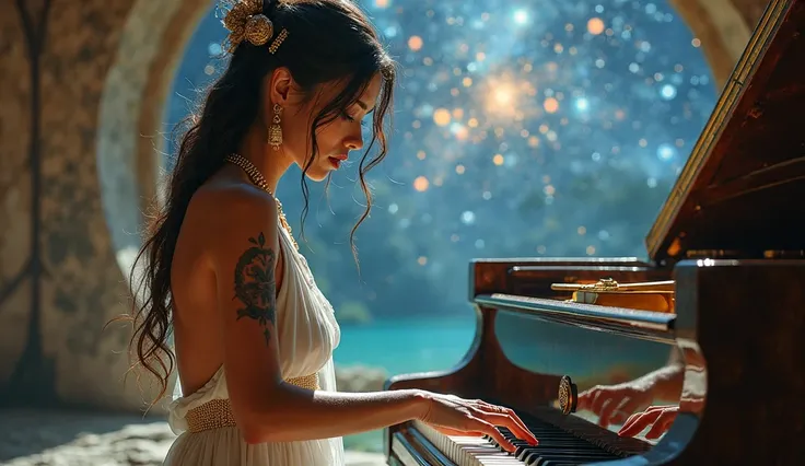 ((masterpiece, sex, highest image quality, high resolution, photorealistic, RAW photo, extremely detailed 8k unified CG wallpaper)), close bem de perto em mulher sexy playing piano, wearing a white dress up to her breasts, tattoo on arms, playing piano,  a...