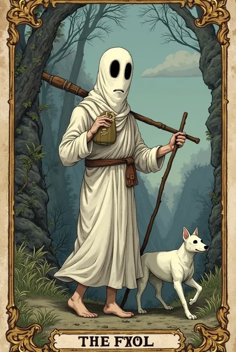 I need a tarot card called The Fool number 0. It must be a tender ghost., he carries a wooden stick placed on his shoulder and at the end of the stick there should be a bag, He is followed by a dog that must be ghostly too and both are walking next to a ra...