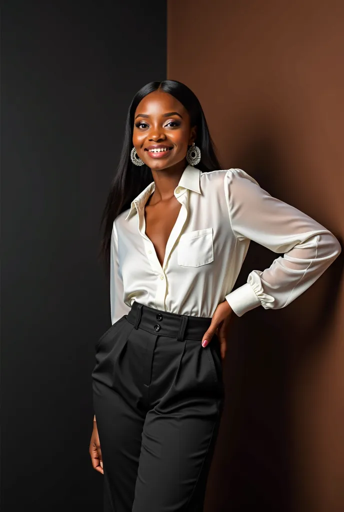 A portrait realistic image of a Nigerian woman, with a bone straight human hair, smiling,with a classy makeup leaning at an exaggerated angle, wearing a chic, all-white pantsuit. Her outfit is tailored, with wide-legged pants black trouser with a flower or...