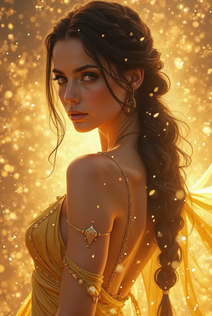 Beautiful female superhero thats has golden powers and she has black hair and it is tied beautifully in a braid , she is white, she is wearing a golden dress resembling a greek goddess, she is soft yet powerful and her eyes are gold like her powers