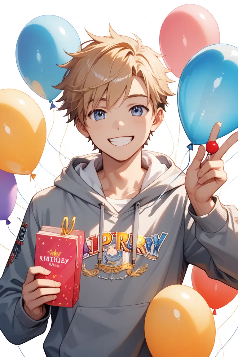 A boy holding a balloon celebrating the 7th anniversary of his activities wearing a hoodie with a big smile, and I want the background to be white